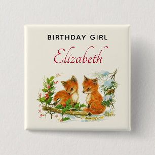 Macaron Carré 5 Cm Birthday Girl mignonne Foxes Vintages scène d'hive