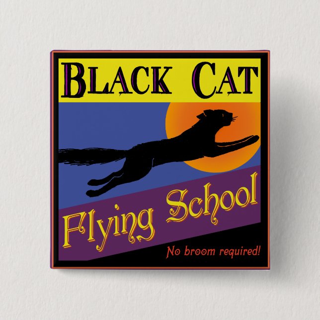 Macaron Carré 5 Cm Black Cat Flying School Vintage Halloween Bouton (Devant)