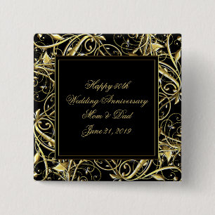 Macaron Carré 5 Cm Black Gold Flourish 50e anniversaire Mariage