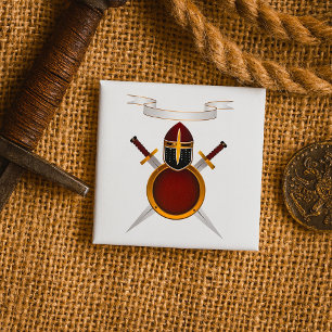 Macaron Carré 5 Cm Blason de Chevalier Médiéval Casque Épées Bouclier