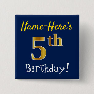 Macaron Carré 5 Cm Bleu, anniversaire d'or de Faux 5ème, avec le nom