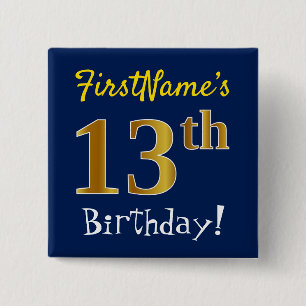 Macaron Carré 5 Cm Bleu, Faux Or 13ème Anniversaire, Avec Nom Personn