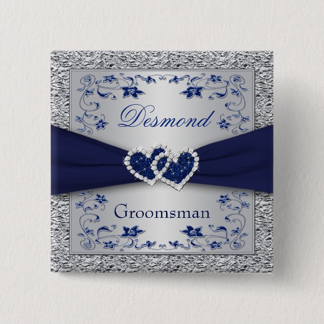 Macaron Carré 5 Cm Bleu marine, Groomsman floral argenté épousant le (Devant)