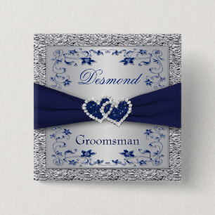Macaron Carré 5 Cm Bleu marine, Groomsman floral argenté épousant le