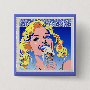 Macaron Carré 5 Cm Blonde Mangeant une Glace Style Pop Art Coloré des