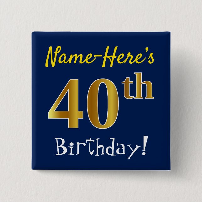 Macaron Carré 5 Cm Blue, Faux Gold 40e anniversaire, avec nom personn (Devant)