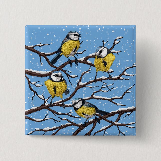 Macaron Carré 5 Cm Blue tit birds en hiver (Devant)