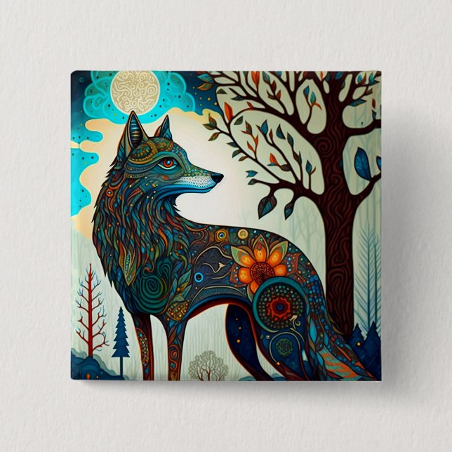 Macaron Carré 5 Cm Boho Wolf Surreal Wildlife Art Button (Devant)