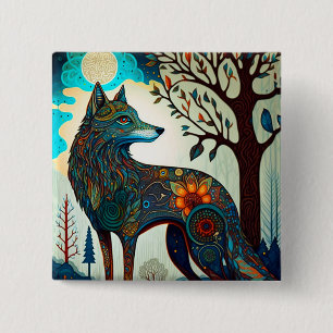 Macaron Carré 5 Cm Boho Wolf Surreal Wildlife Art Button