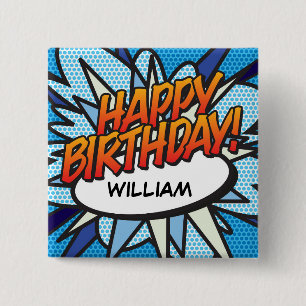 Macaron Carré 5 Cm BONJOUR D'ANNIVERSAIRE amusant Retro Comic Book