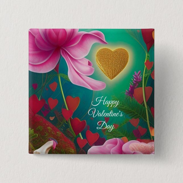 Macaron Carré 5 Cm Bonne Saint Valentin - Fleurs et Coeurs roses (Devant)