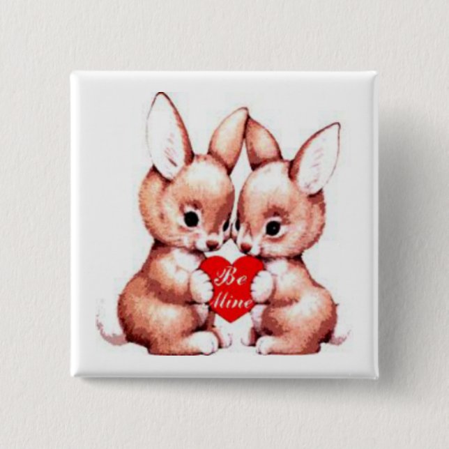 Macaron Carré 5 Cm Bouton Be Mine Valentine Bunnies (Devant)