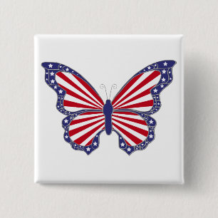 Macaron Carré 5 Cm Bouton blanc et bleu rouge patriotique de papillon