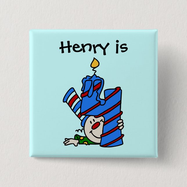 Macaron Carré 5 Cm Bouton bleu clown 4e anniversaire (Devant)