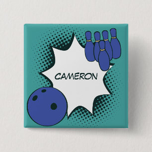 Macaron Carré 5 Cm Bouton bleu-vert Pop Art Bowling Nom