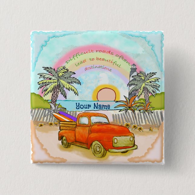 Macaron Carré 5 Cm Bouton Camion Surfer Lighthouse (Devant)