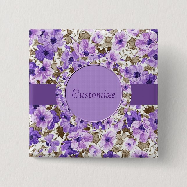Macaron Carré 5 Cm Bouton Carré floral blanc et violet personnalisé (Devant)