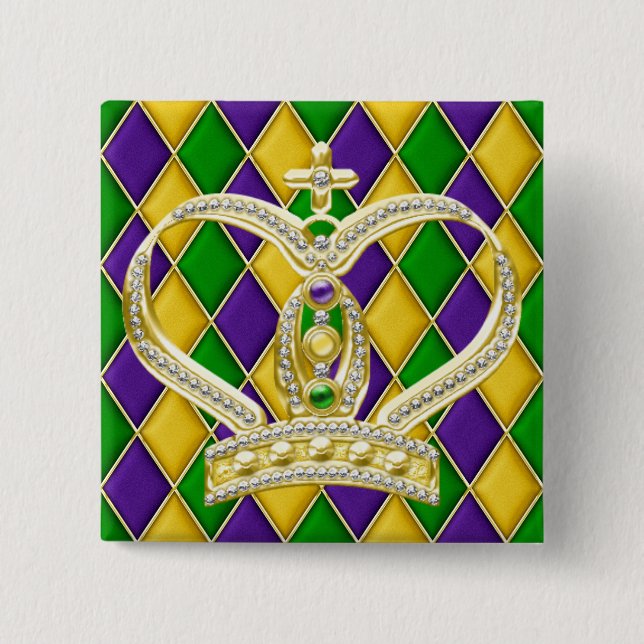Macaron Carré 5 Cm Bouton Carré Mardi Gras Arlequin avec couronne (Devant)