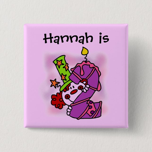 Macaron Carré 5 Cm Bouton Clown à bougie violette 2e anniversaire (Devant)