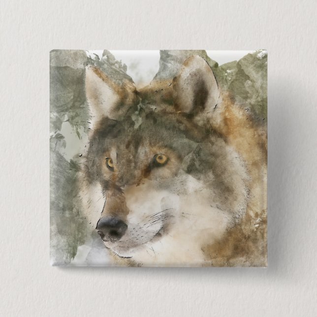 Macaron Carré 5 Cm Bouton cool d'aquarelle Wolf Pin (Devant)
