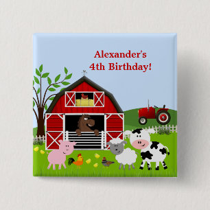 Macaron Carré 5 Cm Bouton d'anniversaire d'animaux de ferme de