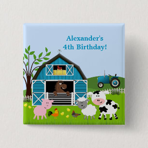 Macaron Carré 5 Cm Bouton d'anniversaire d'animaux de ferme de