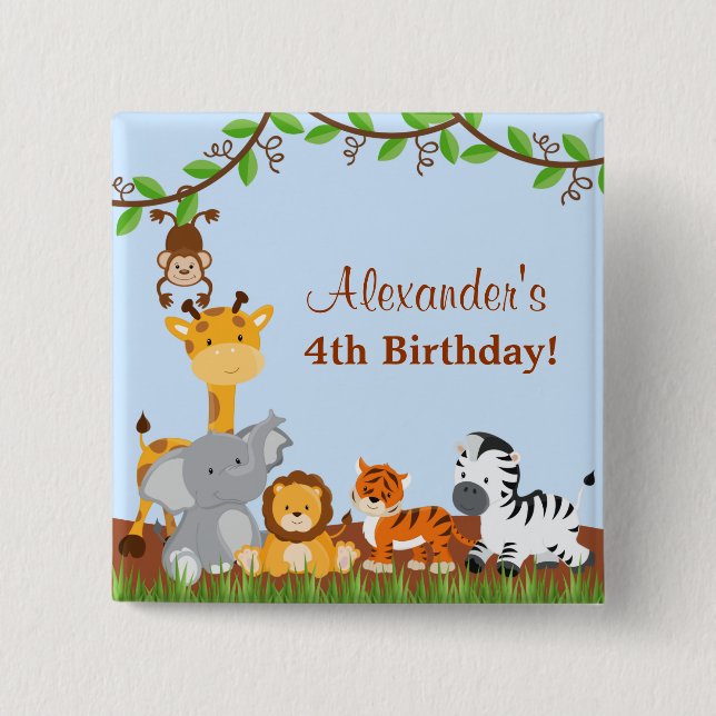 Macaron Carré 5 Cm Bouton d'anniversaire du mignon Safari Jungle Anim (Devant)