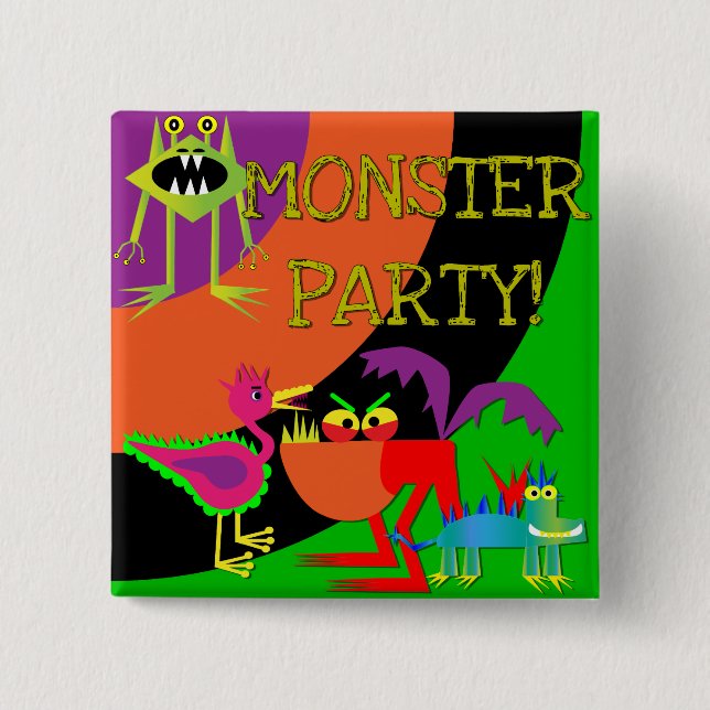 Macaron Carré 5 Cm Bouton d'anniversaire du Monster Party (Devant)