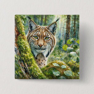 Macaron Carré 5 Cm Bouton d'aquarelle Lynx dans la forêt verte luxuri