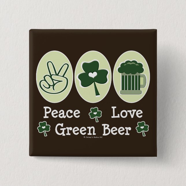 Macaron Carré 5 Cm Bouton de bière verte Peace Love (Devant)