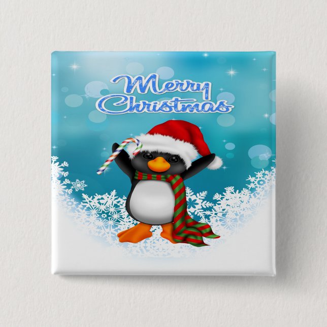 Macaron Carré 5 Cm Bouton de carré de pingouin de Joyeux Noël (Devant)