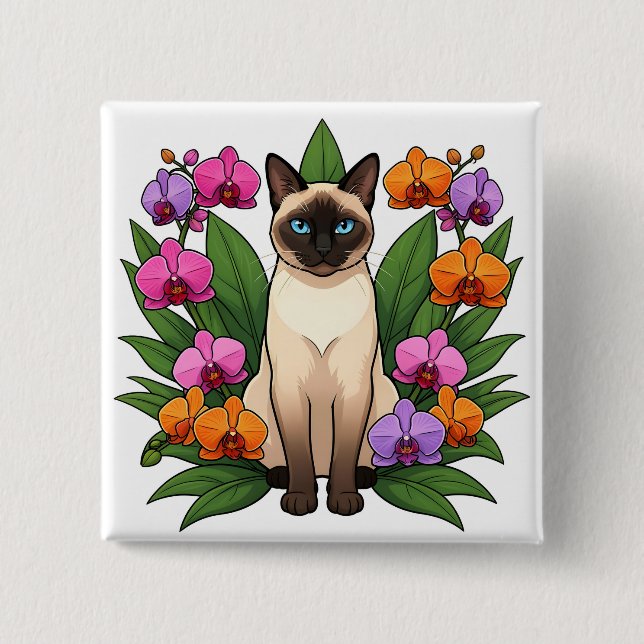 Macaron Carré 5 Cm bouton de chat siamois fleur exotique (Devant)