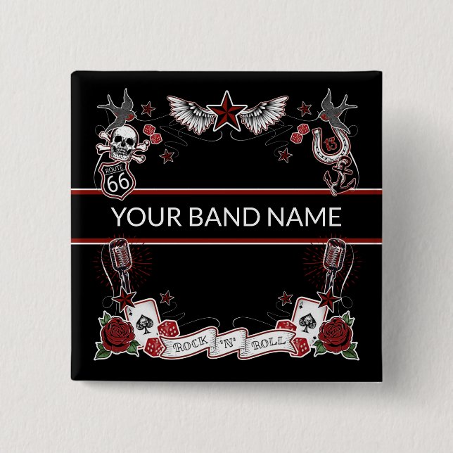 Macaron Carré 5 Cm Bouton de rouleau de roche Rockabilly sur bande pe (Devant)