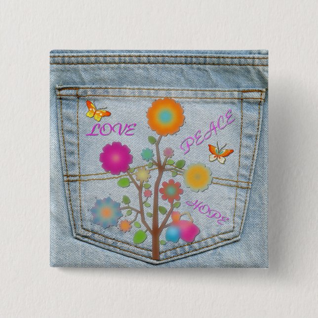 Macaron Carré 5 Cm Bouton Denim Back Pocket Flowers Peace Love Hope (Devant)