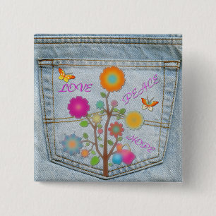 Macaron Carré 5 Cm Bouton Denim Back Pocket Flowers Peace Love Hope