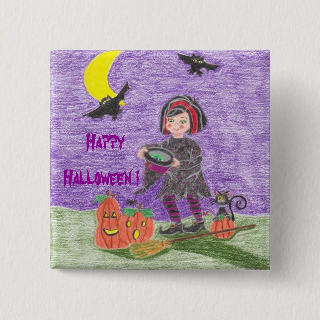 Macaron Carré 5 Cm Bouton d'Halloween violet de sorcière (Devant)