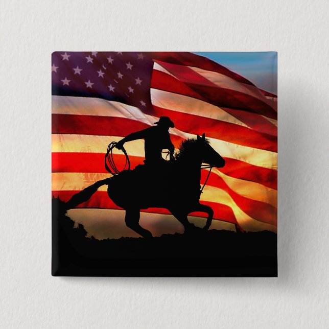 Macaron Carré 5 Cm Bouton d'indicateur Cowboy et American Flag (Devant)