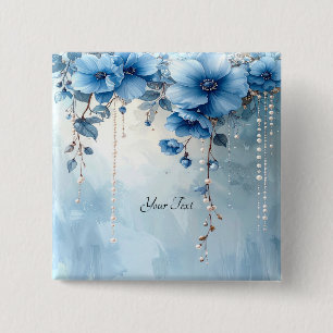 Macaron Carré 5 Cm Bouton Fleurs Bleues et Perles