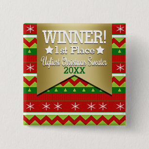 Macaron Carré 5 Cm Bouton gagnant du pull de Noël moche