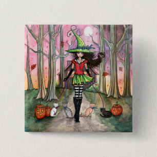 Macaron Carré 5 Cm Bouton Halloween Witch and Cat Pinback