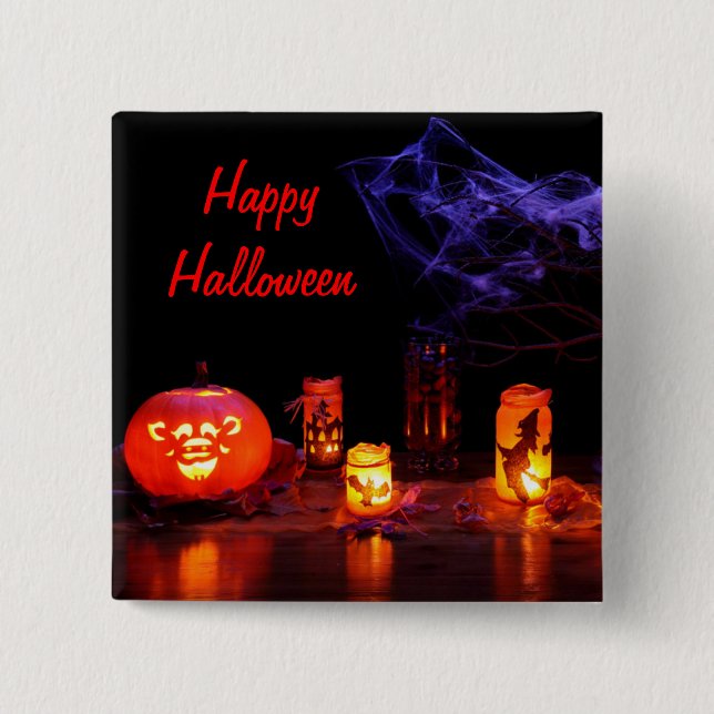 Macaron Carré 5 Cm Bouton Jack-O-Lantern Et Bougies (Devant)