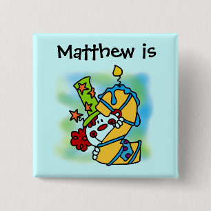 Macaron Carré 5 Cm Bouton Jaune/Bougie Bleue Clown 2e anniversaire