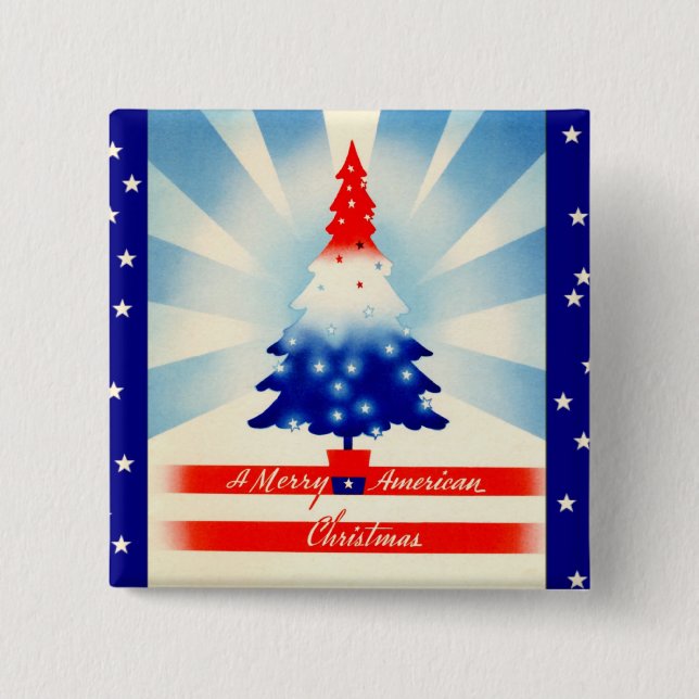 Macaron Carré 5 Cm Bouton Joyeux arbre patriotique de Noël américain (Devant)
