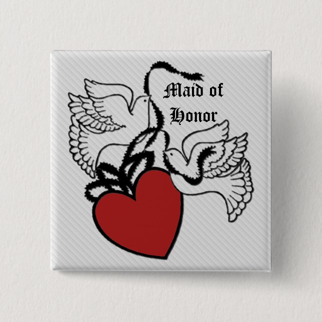 Macaron Carré 5 Cm Bouton "Maid Of Honor Heart Doves" (Devant)