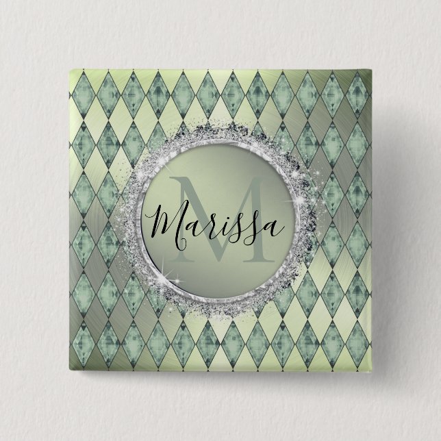 Macaron Carré 5 Cm Bouton Monogramme Arlequin Chic Menthe Vert (Devant)