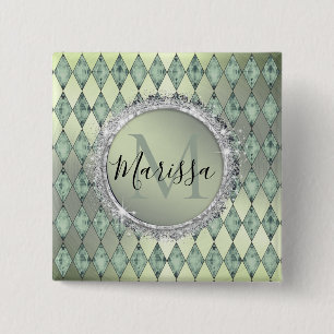 Macaron Carré 5 Cm Bouton Monogramme Arlequin Chic Menthe Vert