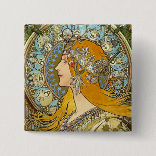 Macaron Carré 5 Cm Bouton Mucha Art Nouveau - Zodiac - La Plume