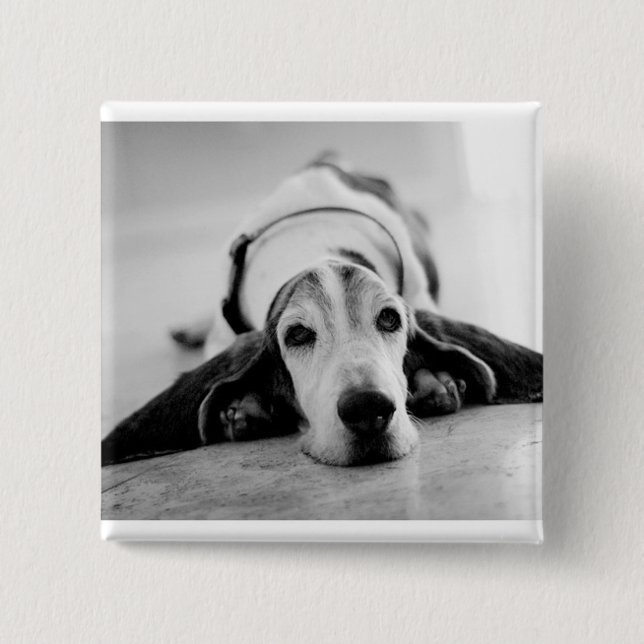 Macaron Carré 5 Cm Bouton noir et blanc de Basset Hound (Devant)
