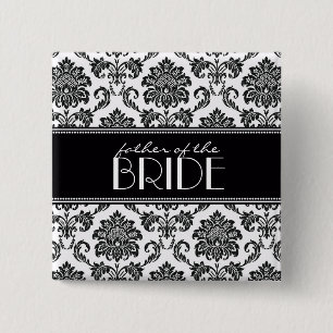 Macaron Carré 5 Cm Bouton Noir et Blanc du père de la mariée Damask