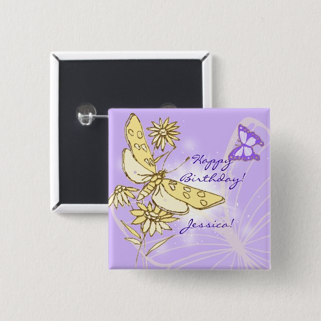 Macaron Carré 5 Cm Bouton Papillon Peach Purple (Devant & derrière)